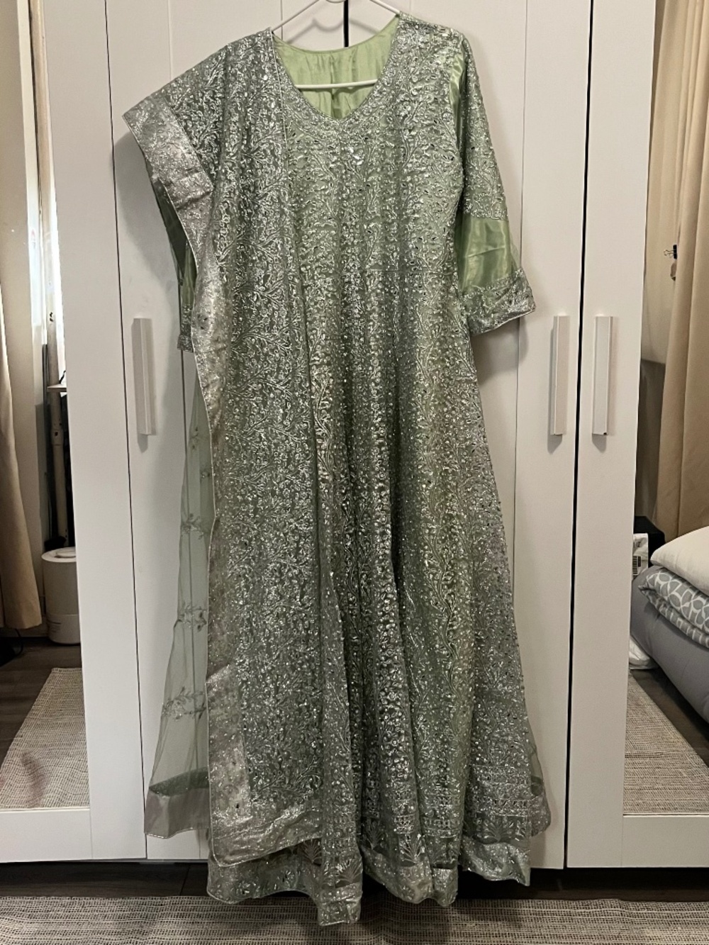 green silver 2-piece desi dress, pakistani indian dress